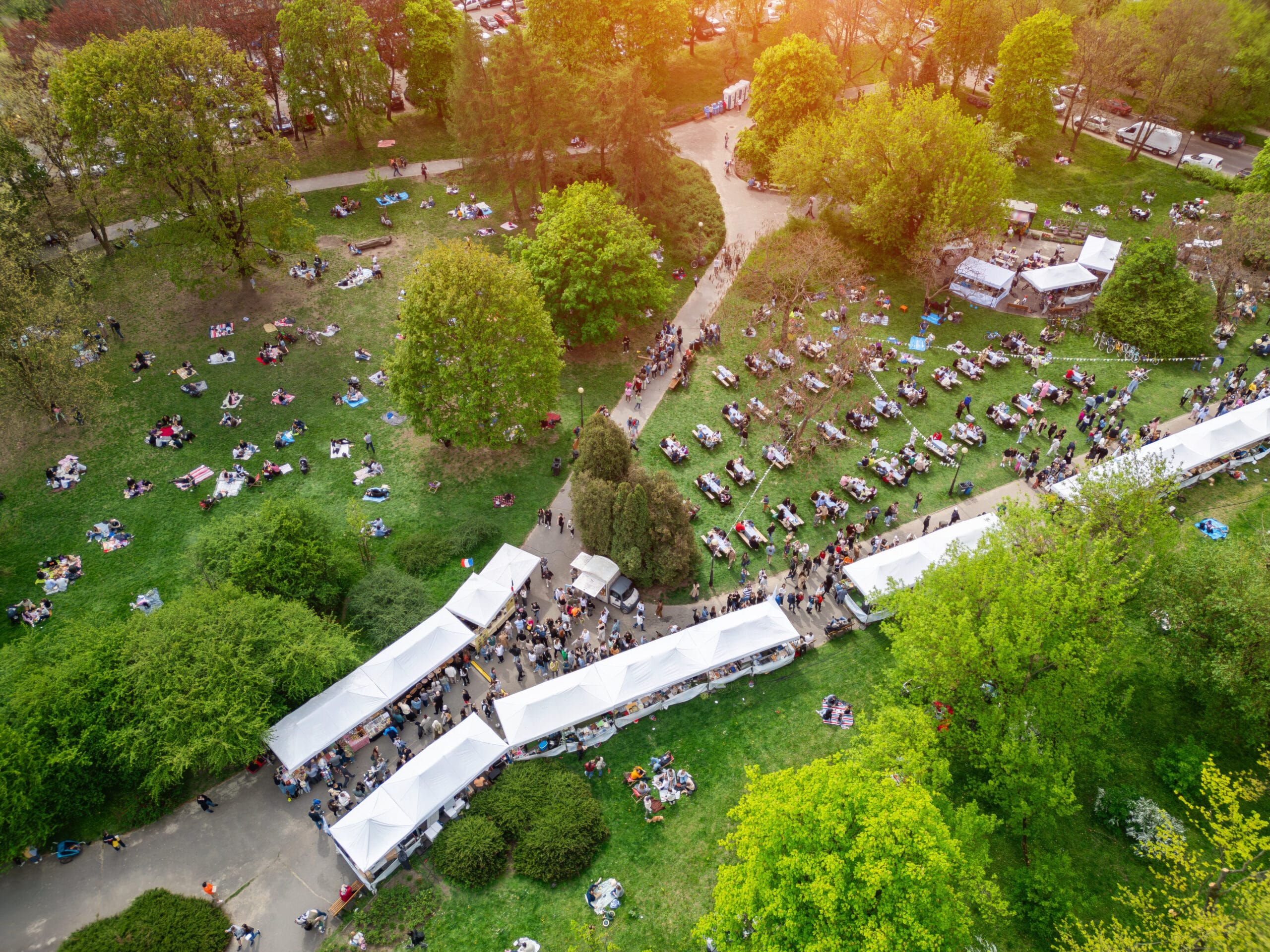 city street food festival event at green park in summer, tents of food market at green meadow, crowd walking and sitting at picnic, aerial view from above