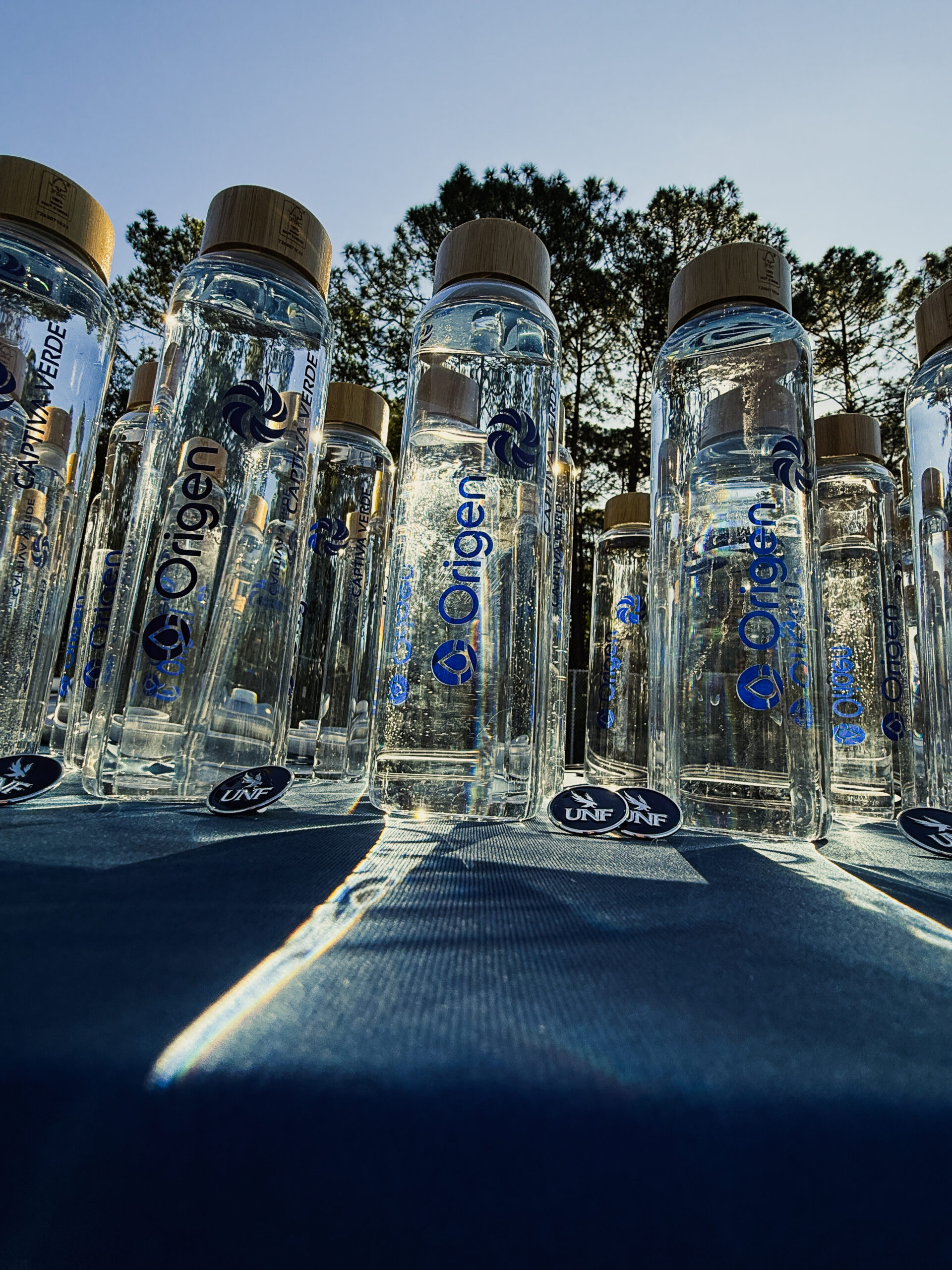 Clear water bottles with bamboo lids arranged on a table, reflecting sunlight against a backdrop of trees and blue sky.